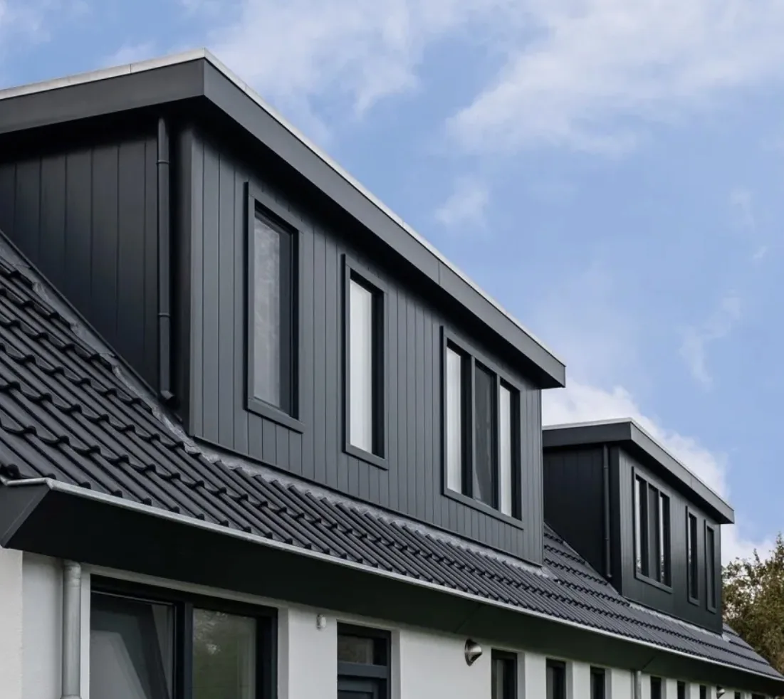 Twee dakkapellen met zwarte verticale gevelbekleding op een pannendak