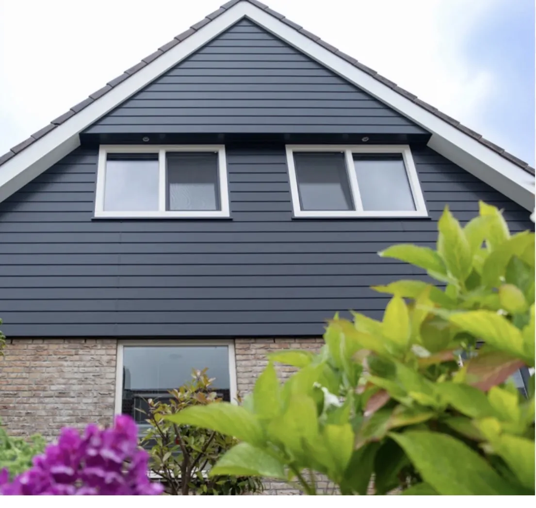 Topgevel met antraciet horizontale gevelbekleding en witte kozijnen